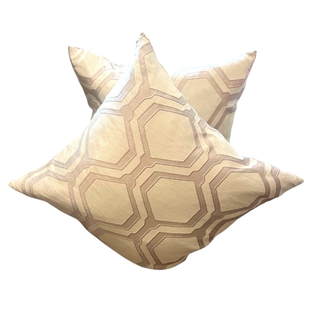 Pair Geometric‎ Ivory (Beige) & Light Tan Feathers Cotton Blend Throw Pillow 20"